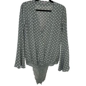 Wishlist Apparel Polka Dot Bell Sleeve Lace Trim Bodysuit Sage Green Medium